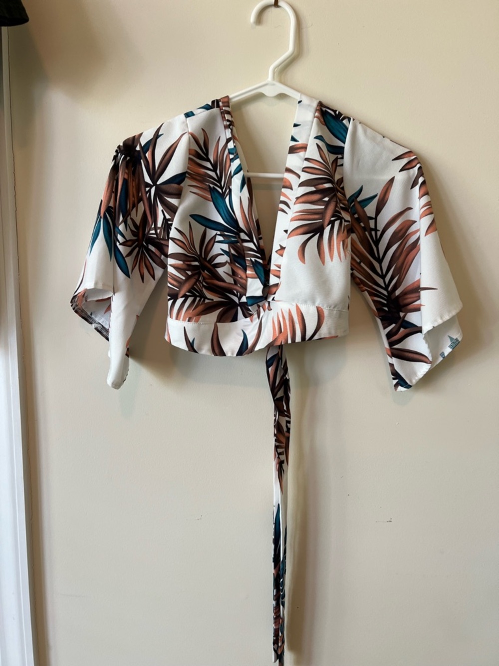 SHEIN White Wrap Crop Top with Brown and Teal Leaf Print